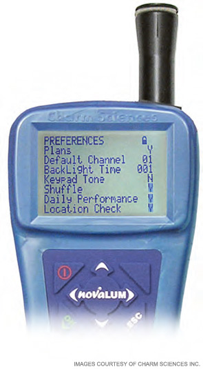 The novaLUM, a palm-sized luminometer that works with ATP-based tests, shown displaying test results.